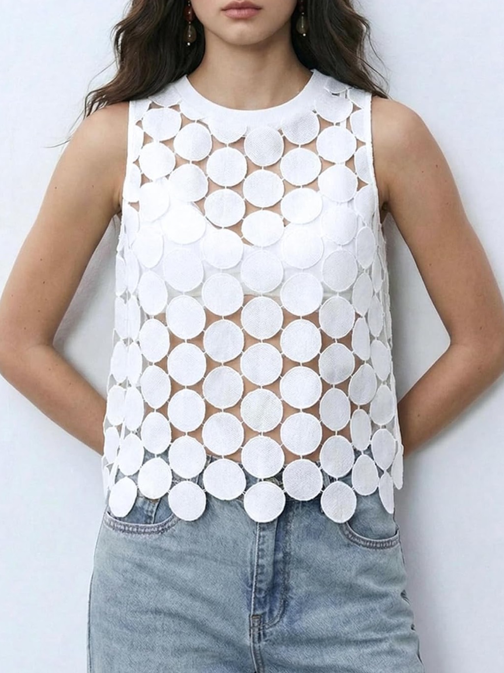 White Sheer Tank Tops See Through Polka Dots Asymmetrical Top Summer